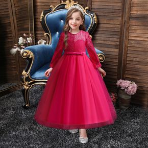 Kid Girl Bowknot Design Lace Mesh Long-sleeve Princess Costume Party Tulle Dress